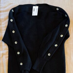 INTERMIX Black Off-the-Shoulder Sweater with Embellished Sleeves